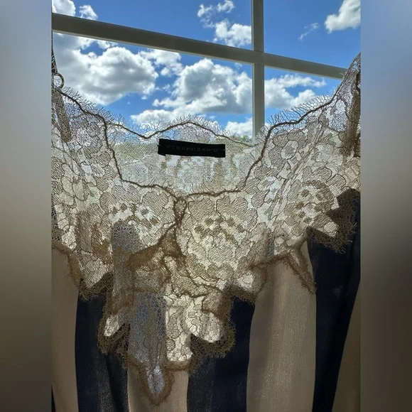 Rosamosario 100% Silk Bodysuit Playsuit Navy Cream Stripes Champagne Lace Silk - Picture 3 of 17